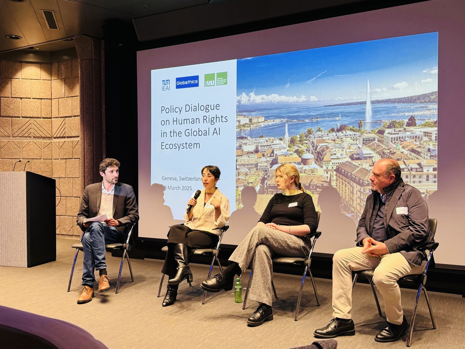 Camila speaking on stage at the Policy Dialogue on Human Rights in the Global AI Ecosystem, Geneva